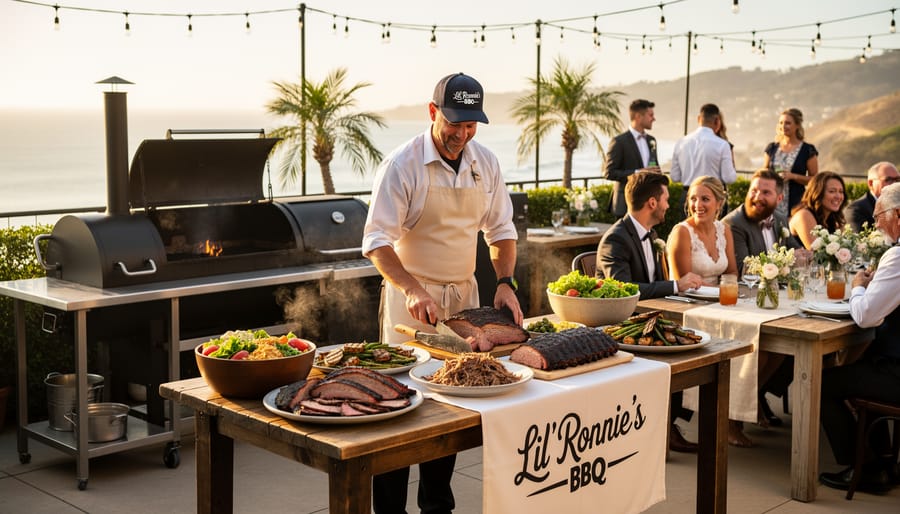 Guests dining on a patio with BBQ food and a grill in the background