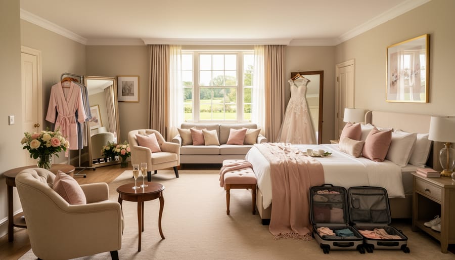 Bright on-site bridal suite with neatly styled bed linens and wedding attire details
