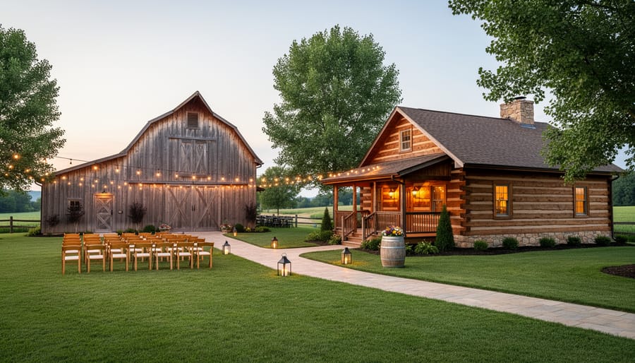 Rustic barn wedding venue with nearby cabins and a path connecting lodging to event spaces