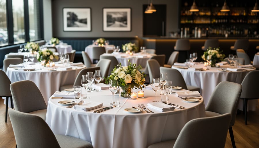A small wedding reception dinner table set with candles, floral centerpieces, and place settings.