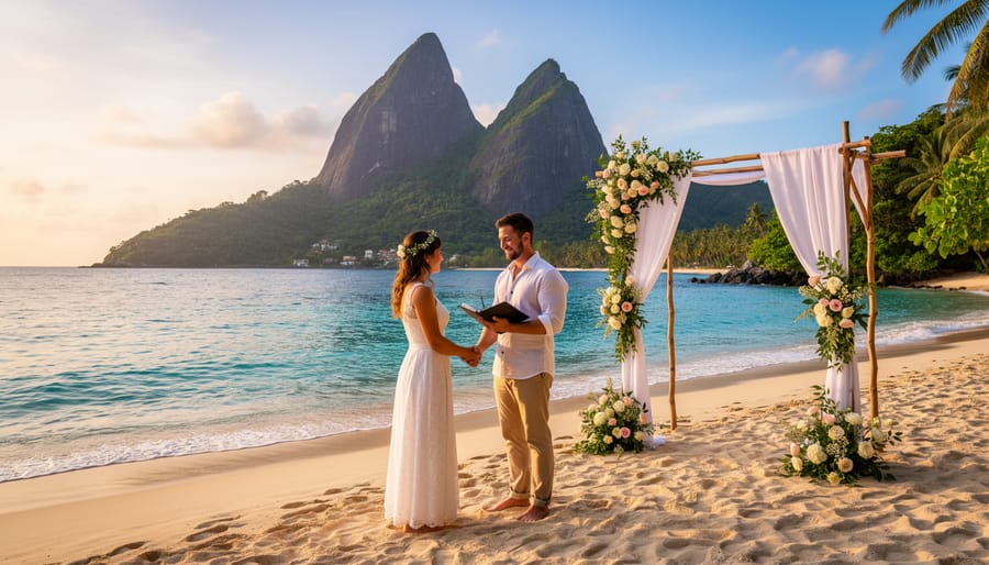Couple exchanging vows on a Sugar Beach beachfront ceremony with the Pitons in the background