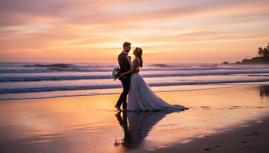 Wedding couple posing on the beach at sunset with the Caribbean shoreline behind them