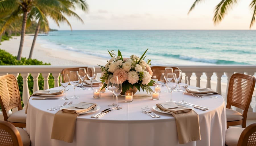 Wedding table set on a terrace with Caribbean ocean views and floral centerpieces