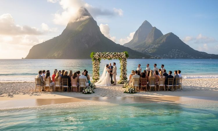 Flower-draped wedding arch on white sand at Sugar Beach Viceroy in St. Lucia with the turquoise ocean and the Pitons in the background at sunset.