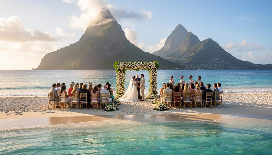 Flower-draped wedding arch on white sand at Sugar Beach Viceroy in St. Lucia with the turquoise ocean and the Pitons in the background at sunset.