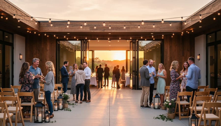 Wedding couple and guests socializing at an outdoor venue with visible on-site accommodations in the background