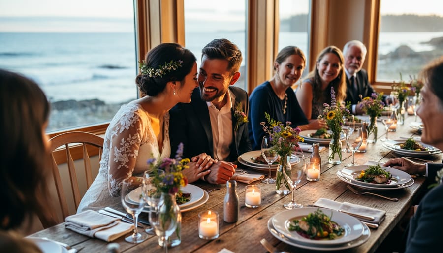 Close-up of an intimate plated wedding dinner with two guests raising glasses