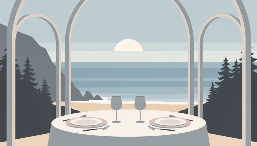 Cutlery and wine glass reflections in the foreground with dramatic Pacific coastline in the background