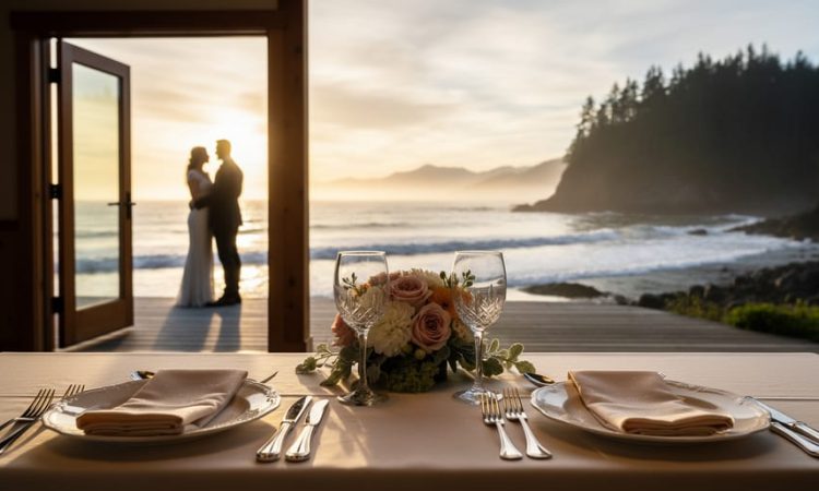 Elegant fine dining wedding reception table by the ocean in Tofino at sunset with waves and rainforest scenery in the background.