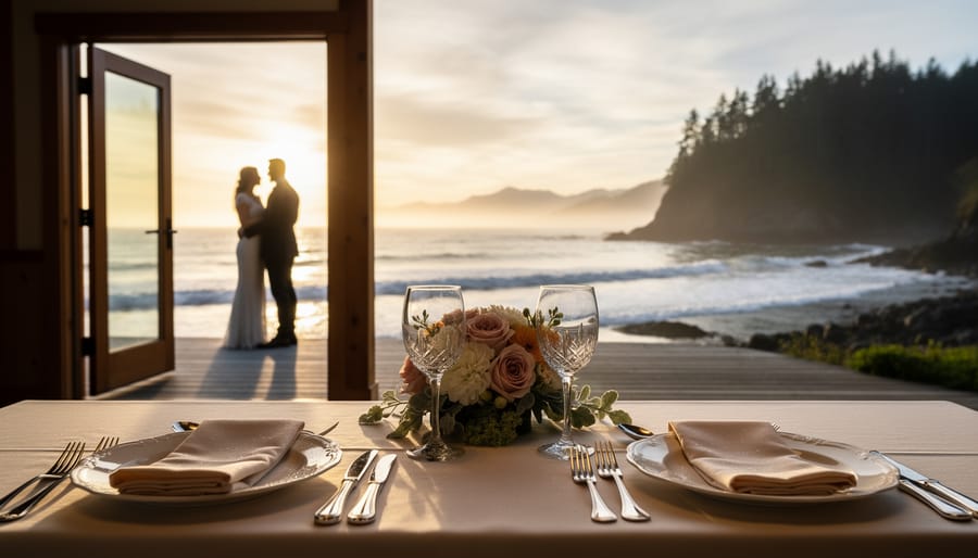 Elegant fine dining wedding reception table by the ocean in Tofino at sunset with waves and rainforest scenery in the background.