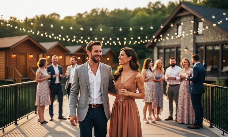 Wedding couple and guests socializing on a terrace at sunset with cozy on-site accommodations in the background.