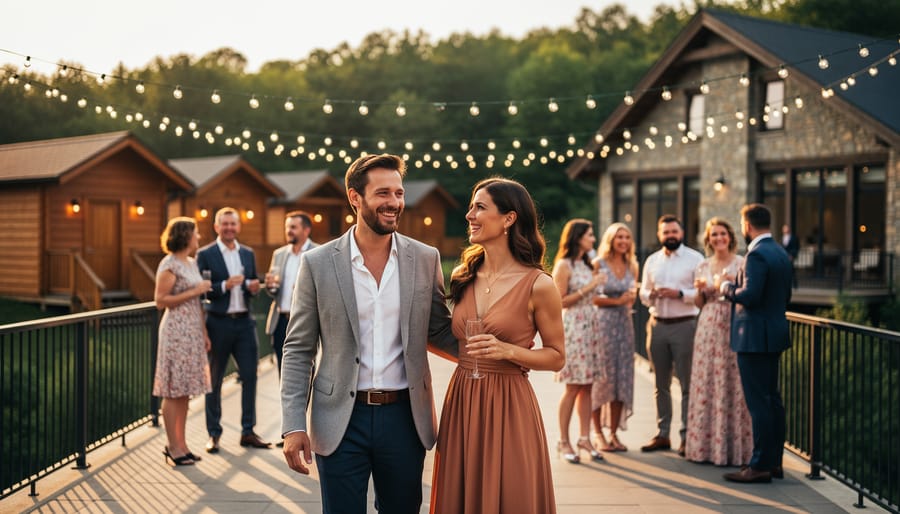 Wedding couple and guests socializing on a terrace at sunset with cozy on-site accommodations in the background.