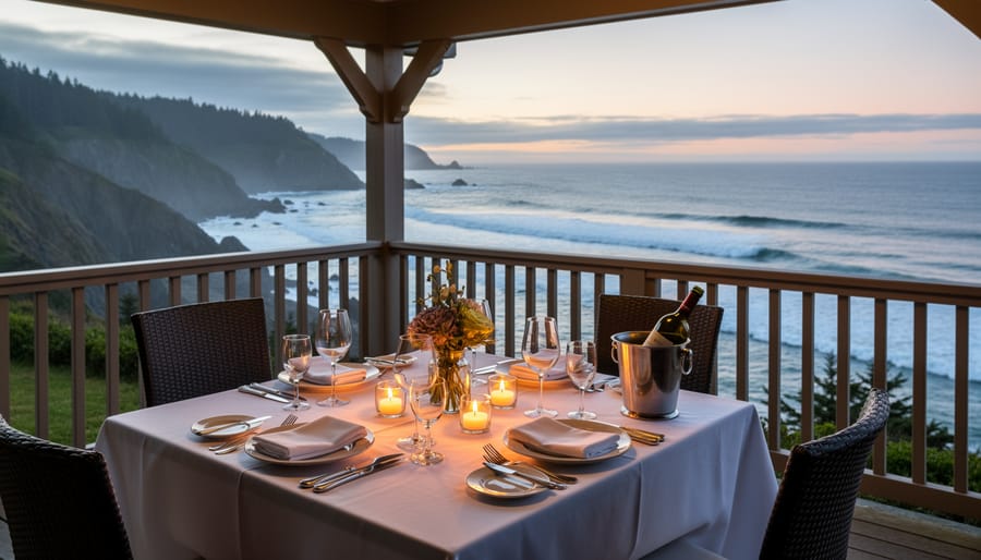 Candlelit wedding dining table with fine place settings and an ocean coastline view in the background