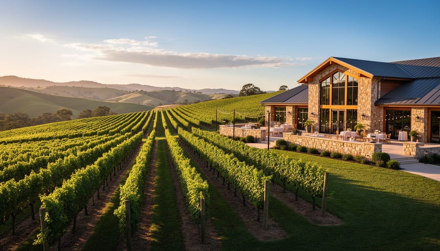 Wedding couple walking through vineyard rows with a winery building in the distance