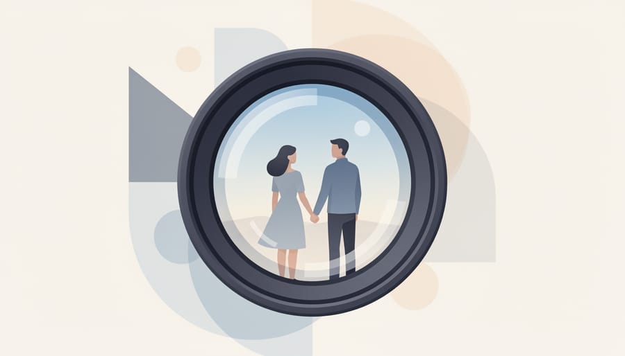 Camera lens reflecting an out-of-focus wedding embrace in golden light