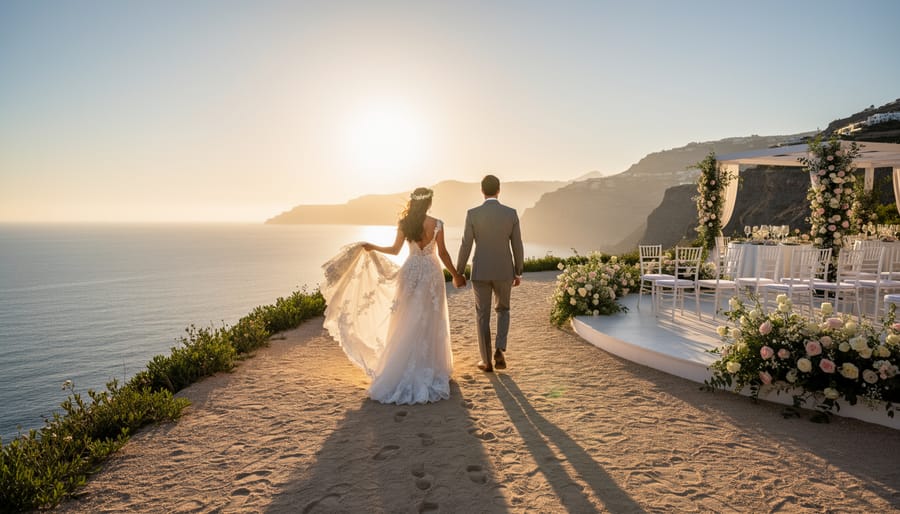 Couple holding hands and walking toward the ocean at golden hour