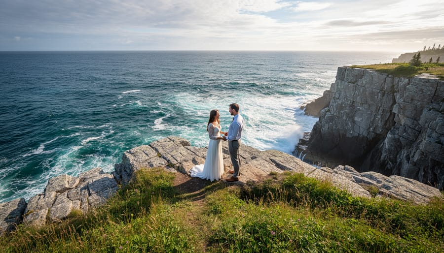 Bride and groom holding hands during a coastal cliffside wedding with the Atlantic Ocean behind them