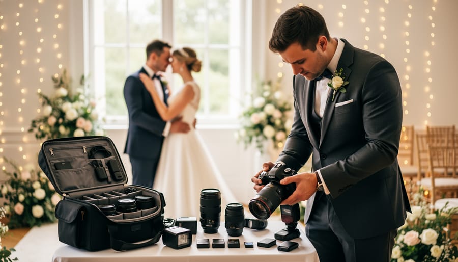 Photographer adjusting a camera tripod beside wedding shoes and a veil