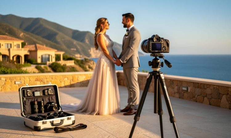 Destination wedding couple holding hands beside a photographer’s camera on a tripod with travel gear laid out, photographed in warm golden hour light near a scenic venue.