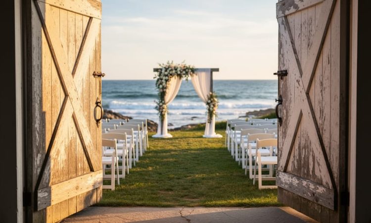 Rustic barn doorway framing a seaside wedding ceremony with soft chairs, floral arch, and Atlantic waves in the background at golden hour.