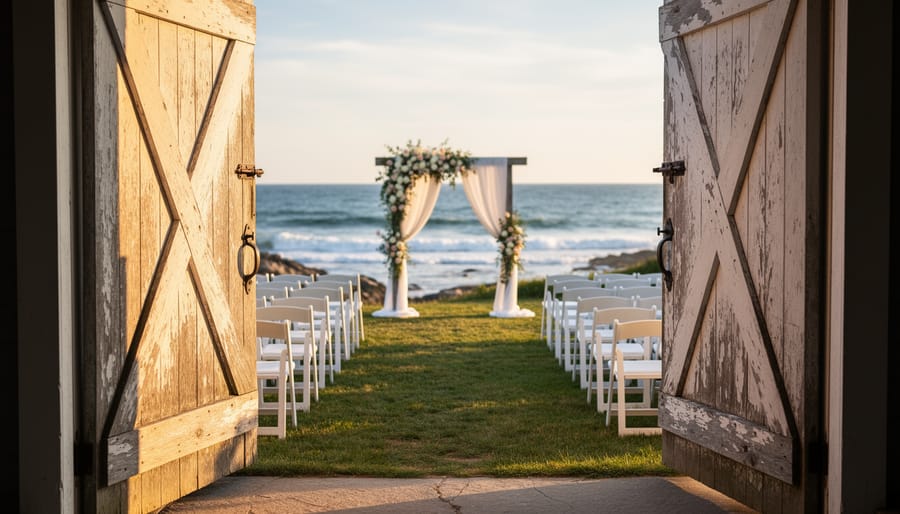 Rustic barn doorway framing a seaside wedding ceremony with soft chairs, floral arch, and Atlantic waves in the background at golden hour.