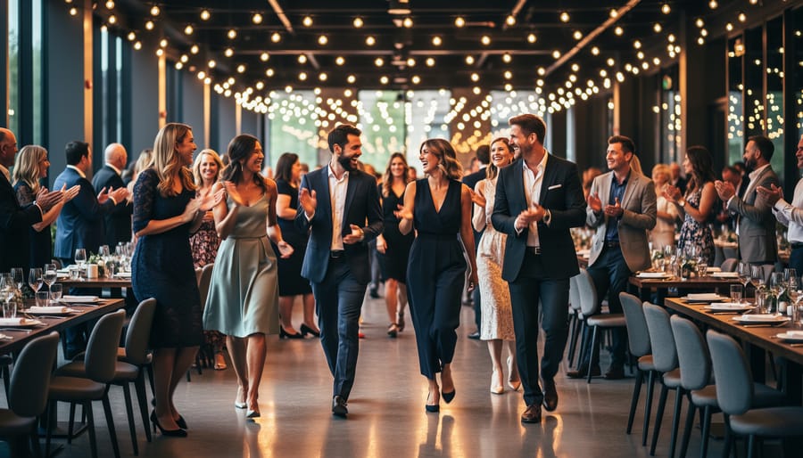 Couple dancing at a wedding reception with colorful stage lights and a videographer filming nearby