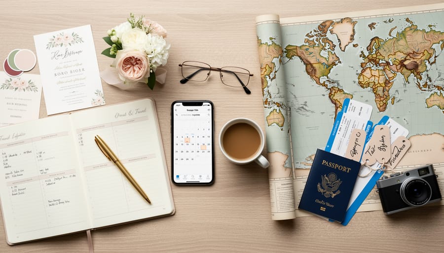 Wedding items and travel essentials arranged on a table at a destination venue