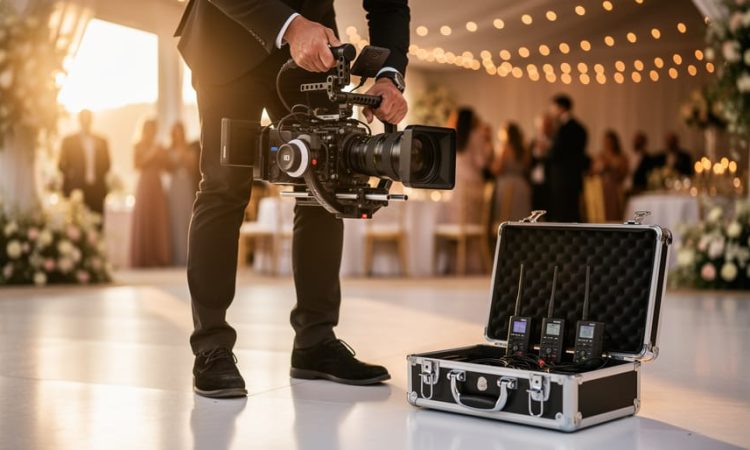 Wedding videographer adjusting a gimbal-mounted camera with wireless audio equipment prepared on the side, warm golden reception lighting in the background.