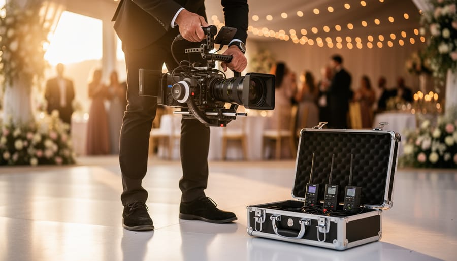 Wedding videographer adjusting a gimbal-mounted camera with wireless audio equipment prepared on the side, warm golden reception lighting in the background.