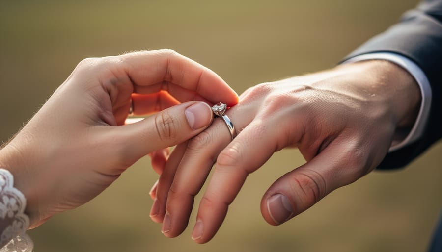 Macro close-up of a wedding ring being placed on a finger with soft-focus wedding details in the background