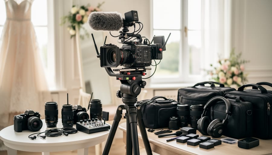 Videographer adjusting a gimbal-mounted camera with audio gear and backup equipment laid out on a table